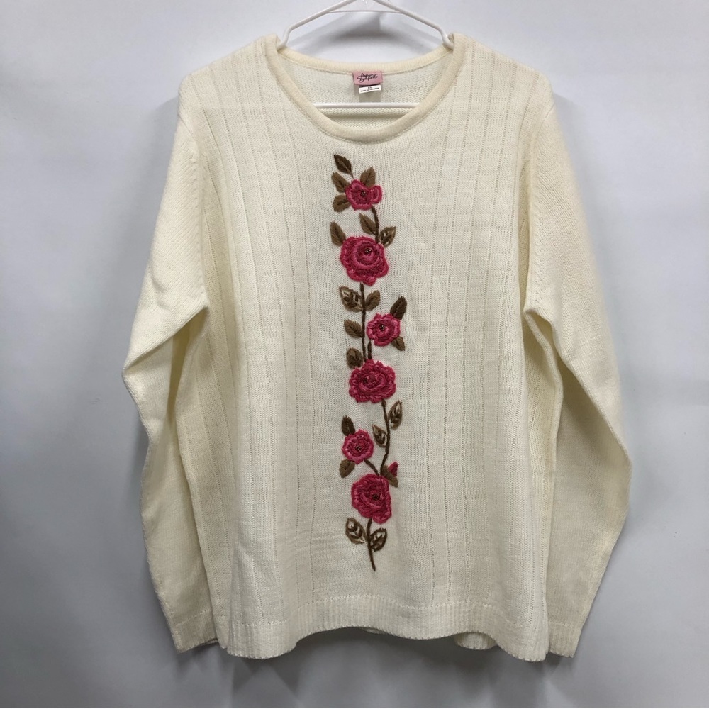 Vintage Adrian Delafield ribbed sweater size XL cream w/pink embroidered flowers